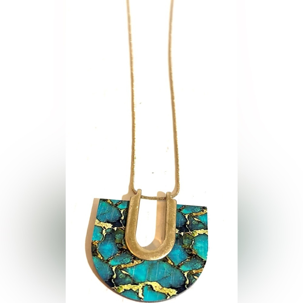 Painted wood  long Gold Tone Pendant Necklace with prinand Teal Inlay